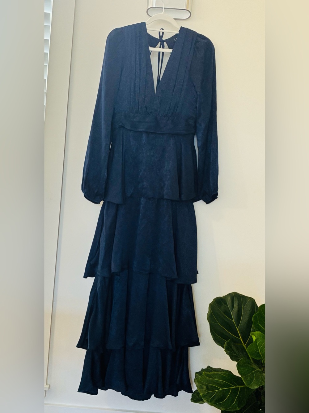 Tier For Love Navy Blue Satin Long Sleeve Tiered Maxi Dress (Read Description)